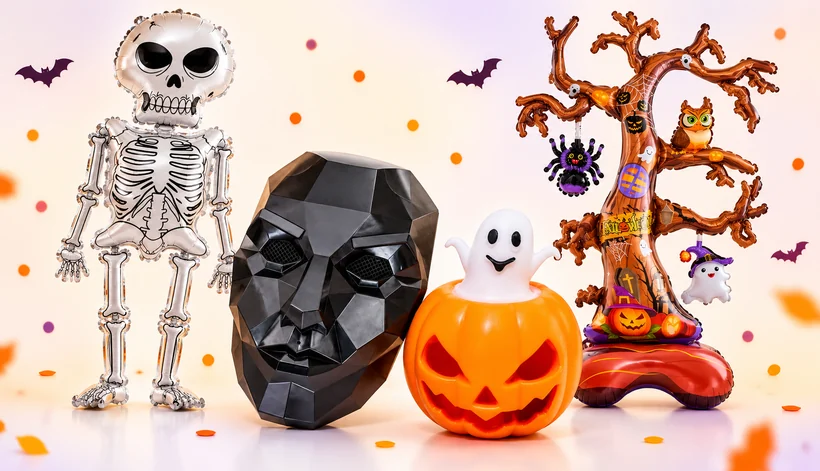 Halloween: dynia z duszkiem, czarna maska oraz balony kościotrup i upiorne drzewo